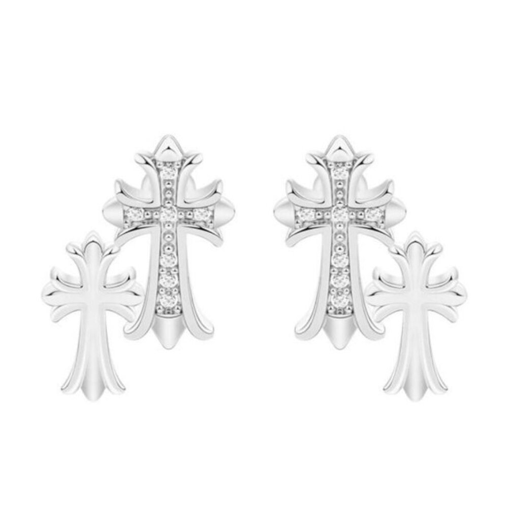 Silver Cross Stud Earrings Double Layer Christian Jewelry Faith Gift Women Men